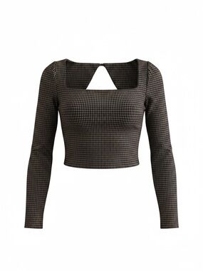 [NWOT]House of Harlow 1960 Black Checked Square-Neck Long Sleeve Crop Top